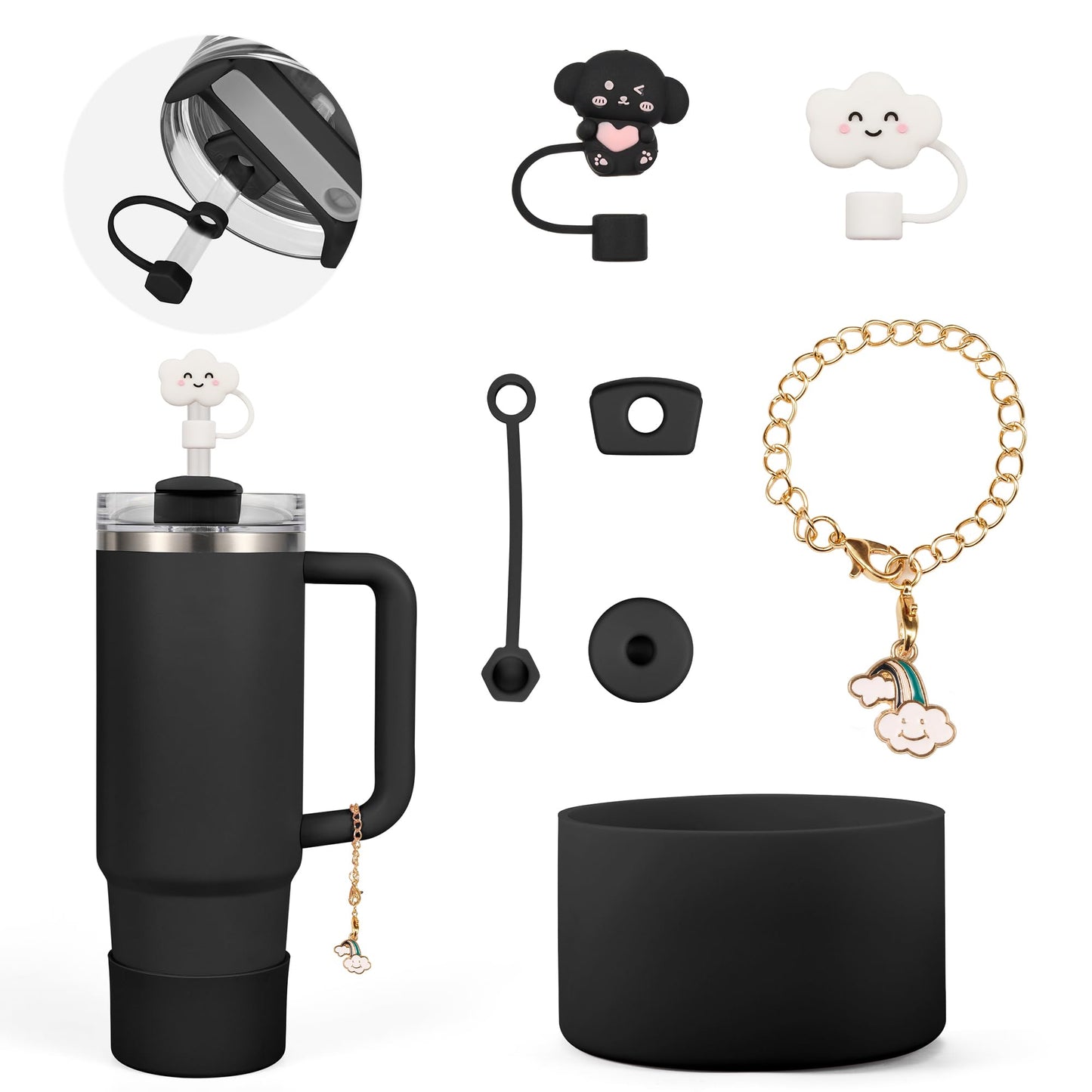 Noxgifix Stanley Cup Accessories Set,With 2 Pcs 10mm 0.4in Stanley Straw Cover,1 Silicone Protective Boot,3 Pcs Silicone Spill Proof Stopper,1 Handle Charm,for Stanley Cup 30&40 OZ Tumbler Accessories