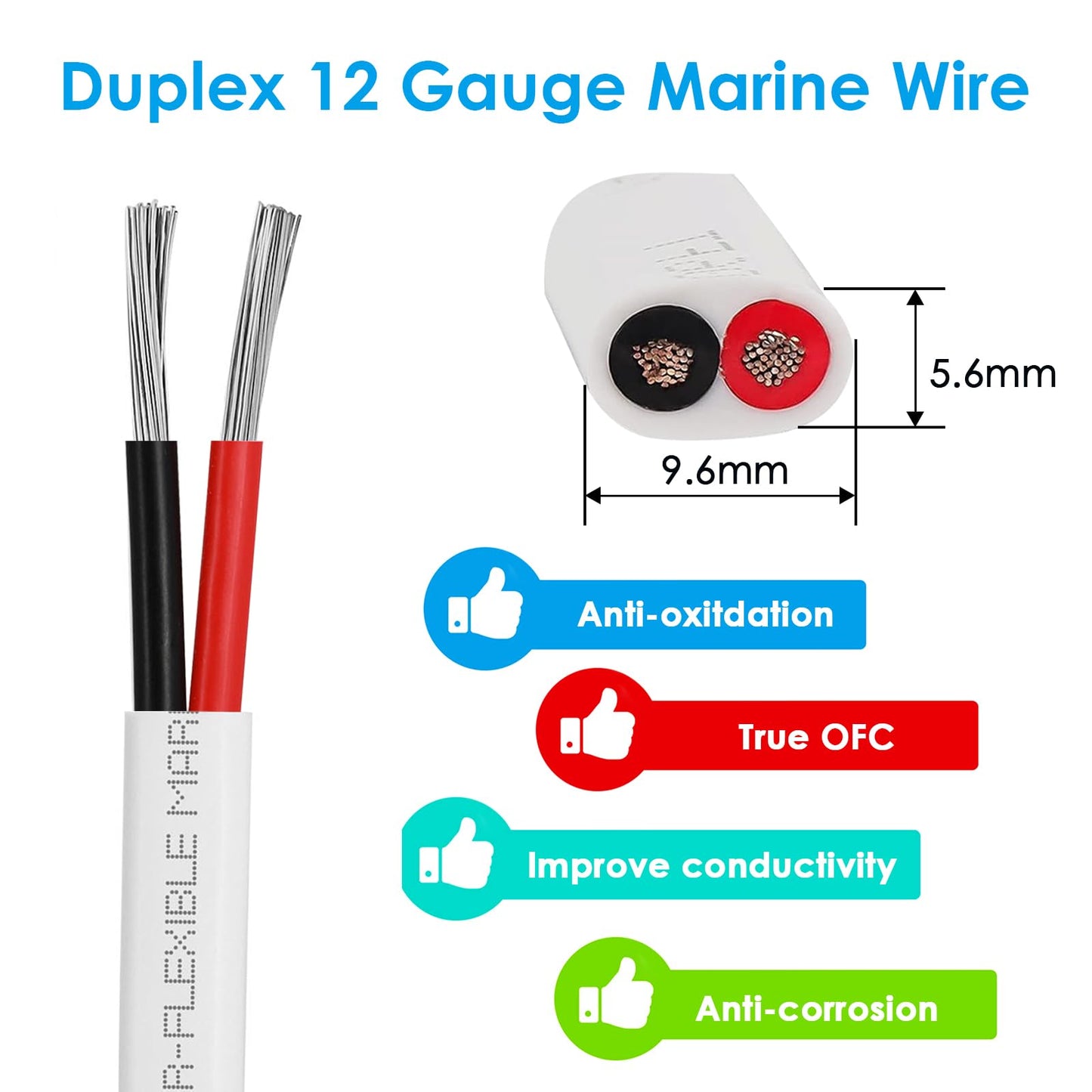 Kimbluth 12 Gauge Duplex Marine Wire Tinned Copper Boat Cable, 10ft 12 AWG Standard USA OFC Oxygen Free Copper Wire for Automotive Boat Speakers Solar Outdoors