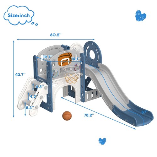 XJD 8 in 1 Toddler Slide Set, Kids Slide for Toddlers Age 1+, Toddler Climber Slide PlaySet with Basketball Hoop and Ball,Outdoor Indoor Playground for Toddlers 1-3 (Blue Gley, 8 in 1)