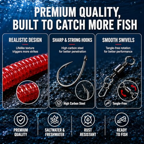 50PCS Fishing Worm Lure Kit with Hooks & Swivels - Soft Plastic Bass Baits