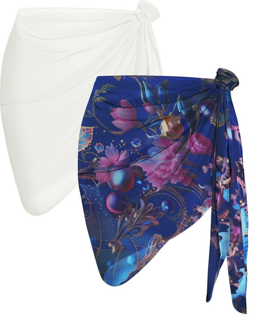 2 Pieces Sarong Cover Ups for Women Beach Bathing Suit Wrap Sheer Short Skirt Bikini Chiffon Scarf for Swimwear (White, Bright Blue Flower)