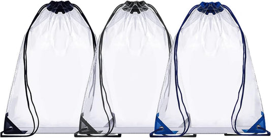 3 Pack Clear Drawstring Bags - Waterproof PVC See-Through Backpack Bags for Men and Women for Sporting Events, Work, Concerts and Travel (3 Colors)