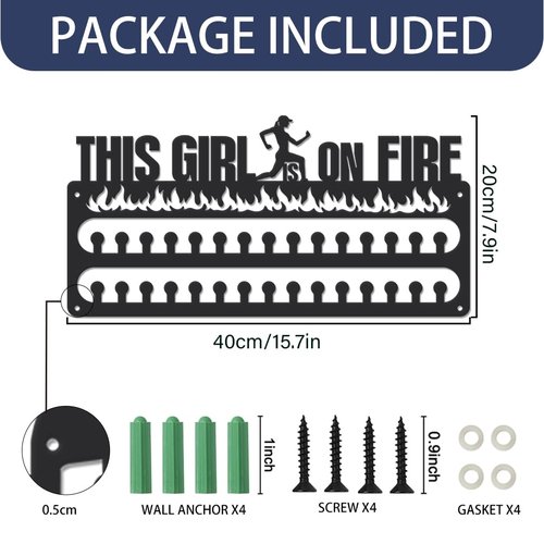 SUPERDANT Women's Running Medal Hanger Display This Girl is On Fire Medal Holder Wall Mount Running Medals Hanging 30 Hooks Matte Black Metal Awards Display Rack Gift for Runner