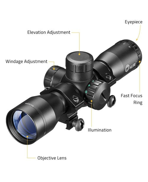 CVLIFE 4x32 Crossbow Scope, Red Green Illuminated Compact Crossbow Scopes for Hunting 20-100 Yards, Circles and Rangefinder Etched Glass Reticle Optic,with 20mm Mounts