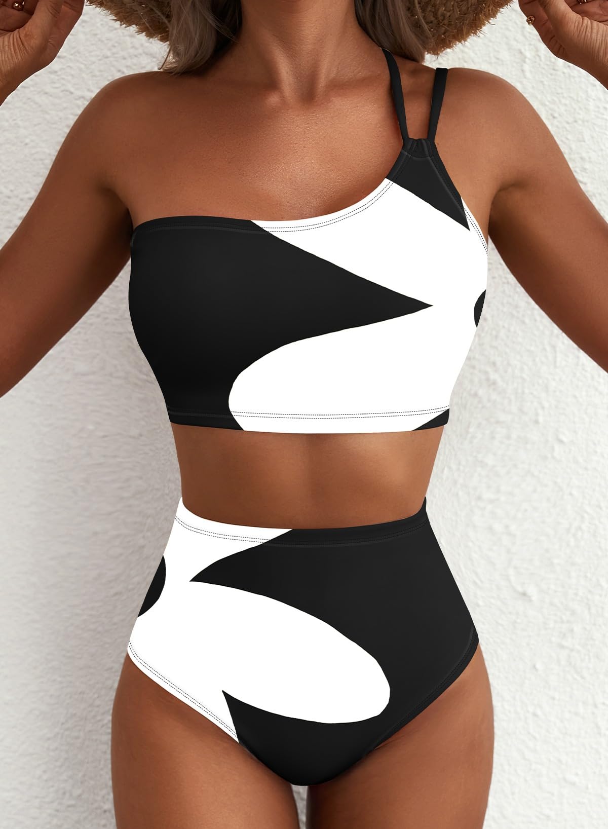 Herseas Women Bikini Sets One Shoulder Floral Print Push Up Swimsuits High Waisted Tummy Control 2 Piece Breathable Bathing Suits Cute Beach Vacation Clothes for Teens Black White Abstract Medium