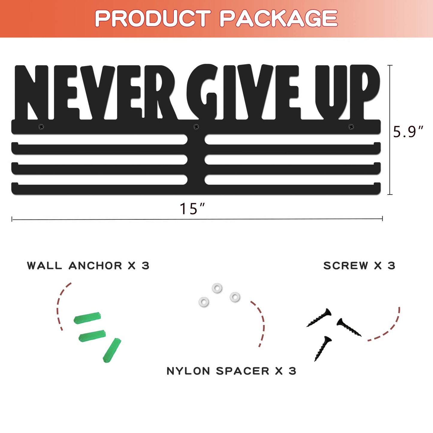 Bliocefo Medals Hanger Holder Display Steel Rack Hooks 15 inches Wall Mount Frame Over 60 Medals-Sports Medal Hook Storage Organizer Never Give Up Ribbon with Easy Hanging Bars Black 3 Lines