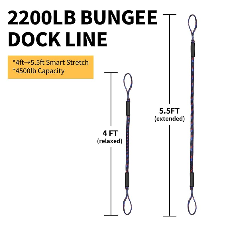 Bungee Dock Lines 4 ft 2-Pack – Heavy-Duty Boat Tie Downs, Black/Blue/Red with 1"–8.5" Adjustable Loops