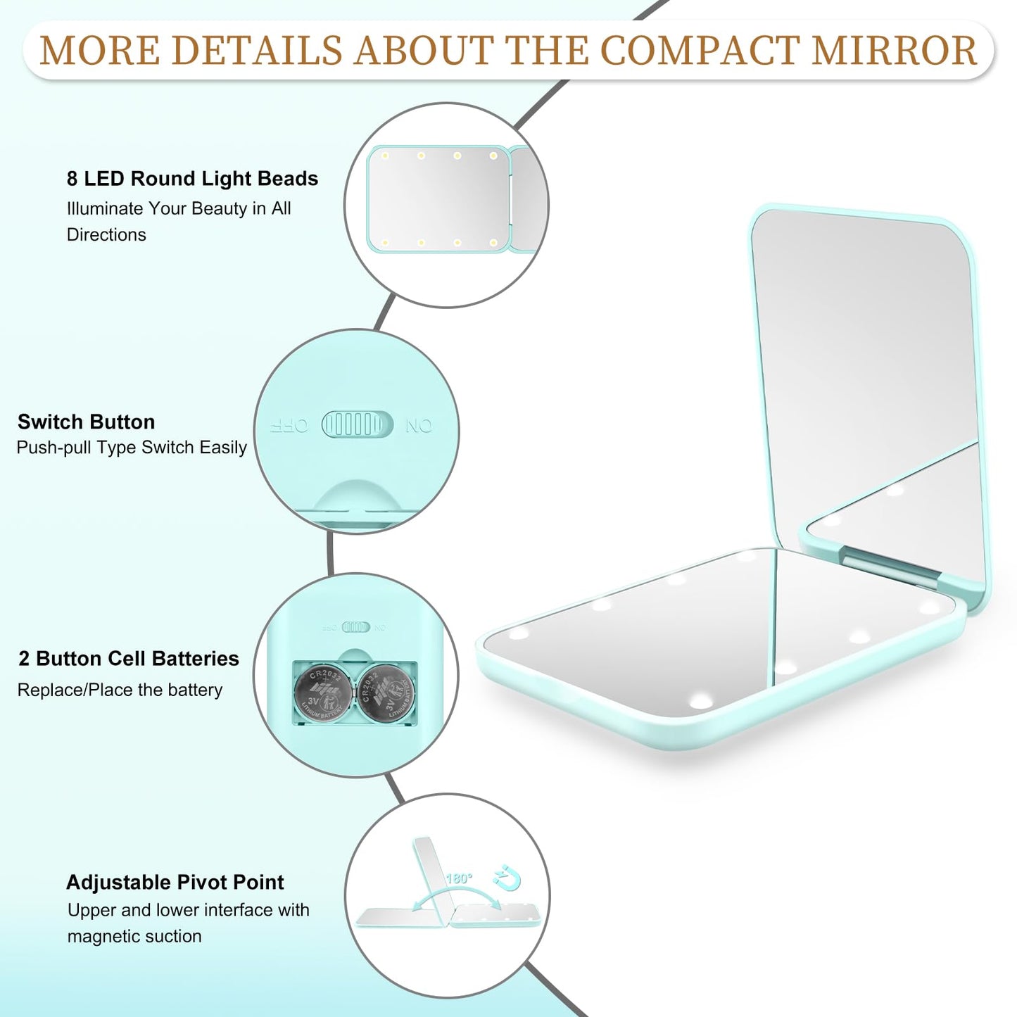 Kakuje Compact Mirror, 1X/3X Magnification LED Pocket Mirror with Nternal BIattery, Mini Mirror for Purse, Pocket,Travel and Present (Mint Green)