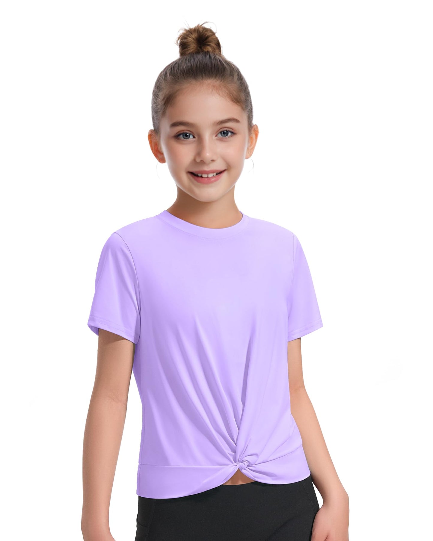 KEREDA Girls Athletic Shirts Tie Front Tops Summer Short Sleeve Quick Dry Active Tees T-Shirts for Kids Teens Purple 7-8 Years