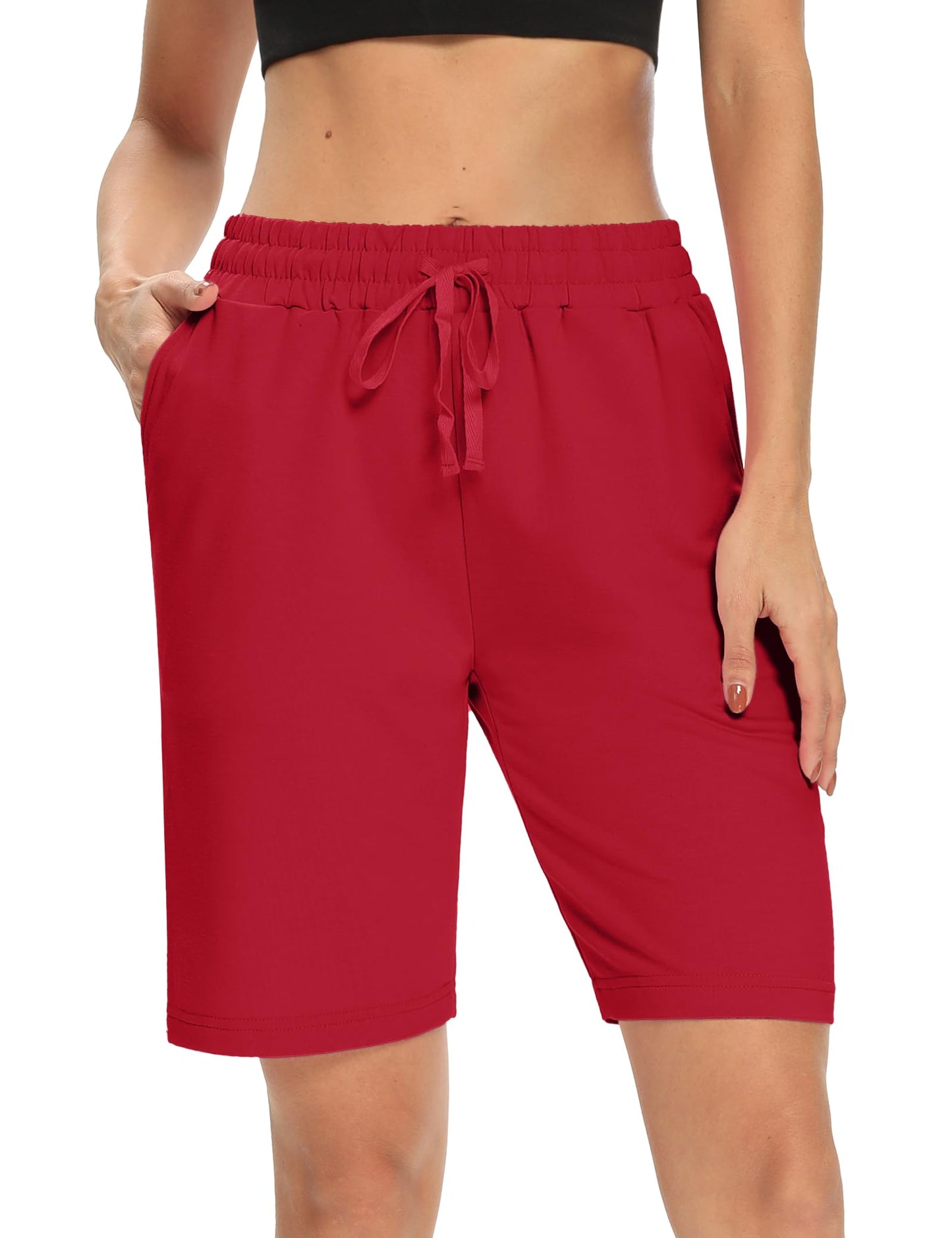 DIBAOLONG Womens 8’’ Bermuda Shorts with 3 Pockets Casual Long Shorts for Women Knee Length Summer Lounge Athletic Red L