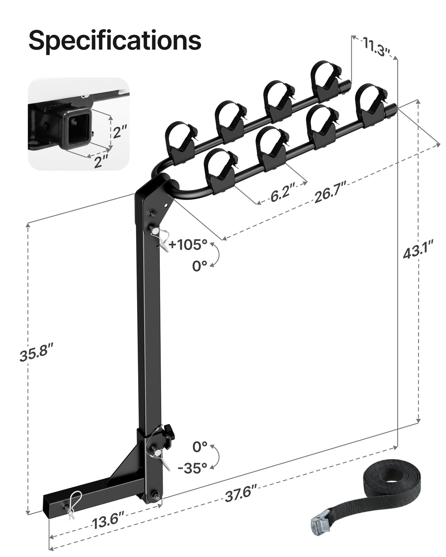 monTEK 4-Bike Rack for Cars, Trucks, SUVs with 2” Hitch, Foldable & Tiltable Bike Rack Hitch,3mm Thick Heavy-Duty Steel Frame, Hitch Bike Rack with Anti-Rattle Stability and Straps, 150 Pound Capacity