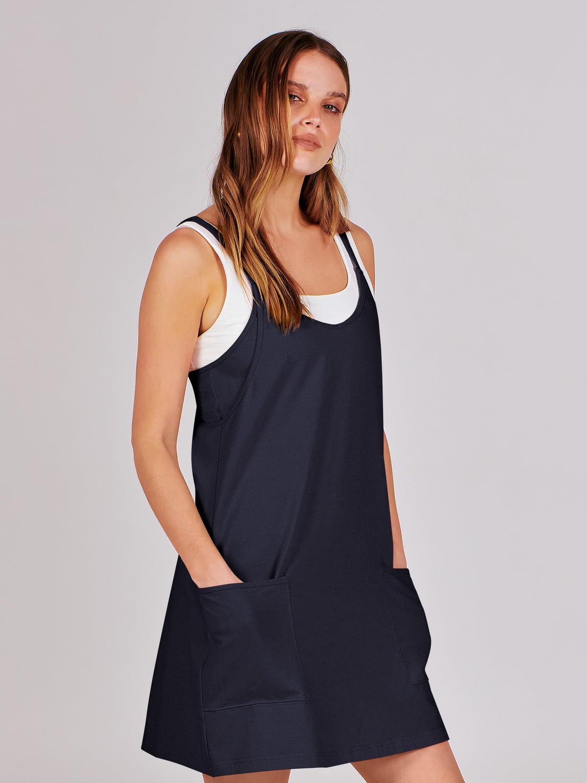 ANRABESS Women Athletic Dress Summer Tennis Workout Active Sports Mini Romper Dress Built in Shorts Travel Vacation Clothes Navy Blue X-Large