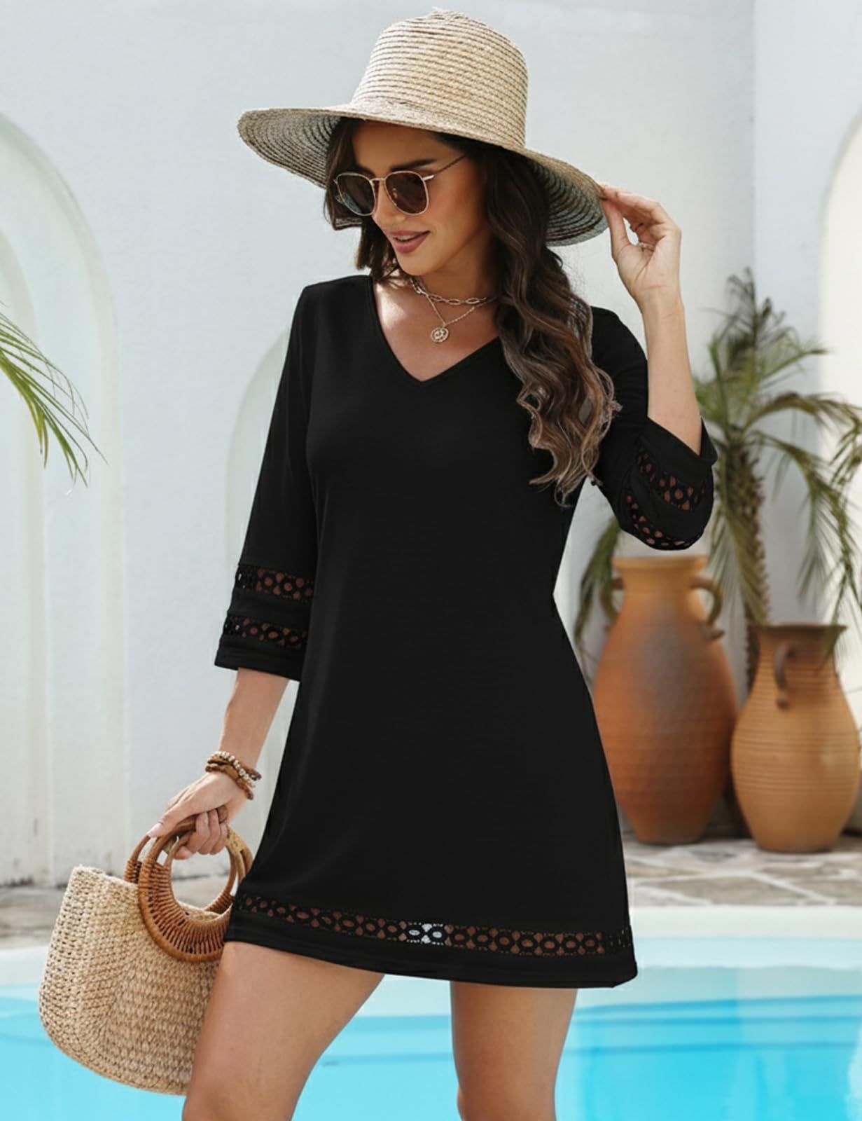 VIMPUNEC Swimsuit Coverup for Women Bathing Suit Cover Up Summer Casual Beach Dress Shirts Black S