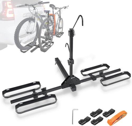 RVGIVE Tilting 2-Bike Hitch Rack with Ratchet Straps, Fits Fat Tire Bikes up to 5" Wide, Holds 150 lbs – Cars, SUVs, and Trucks