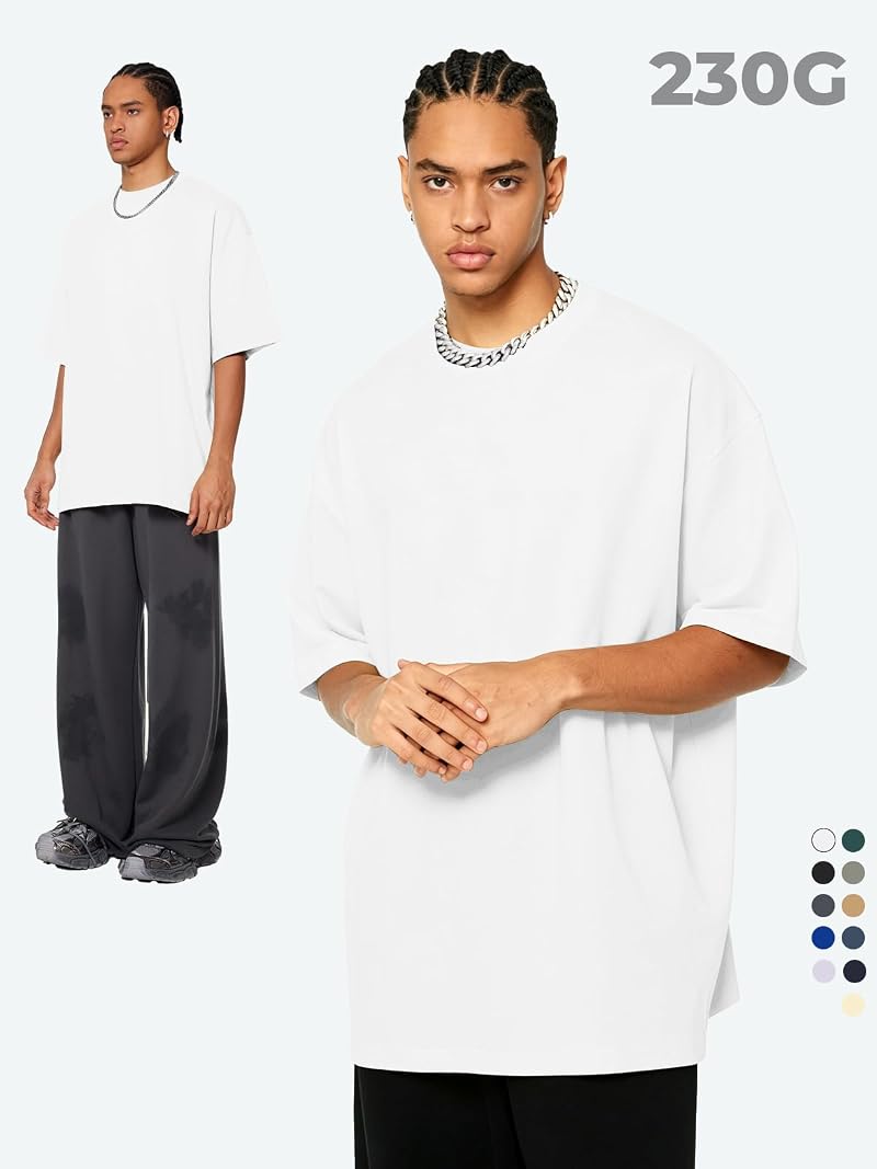 Men's Oversized Cotton Crew Neck T-Shirt - Short Sleeve Basic Tee, Black/Light Green/White, XL