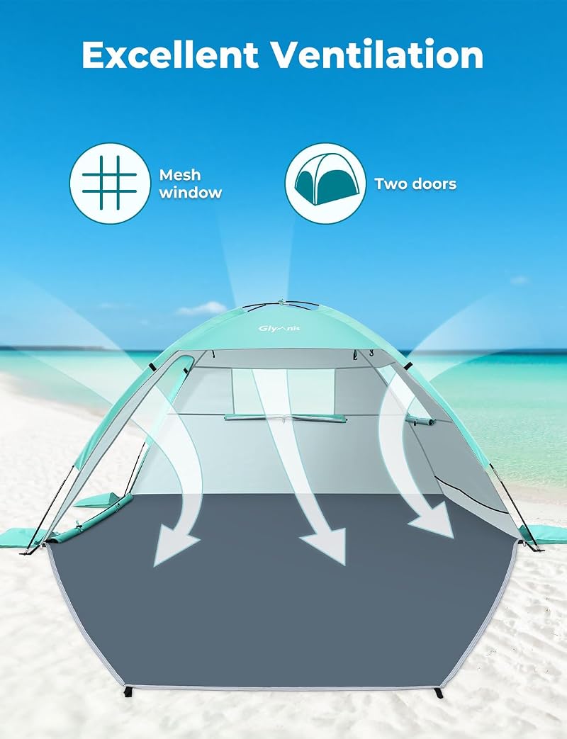 Glymnis 3 Person Beach Tent Sun Shelter UPF 50+ Easy Setup Green Variation: Green+3 Person