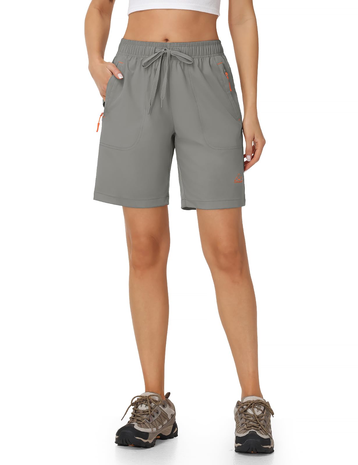 Rdruko Women's Hiking Shorts 8" Quick Dry Lightweight Water Resistant Outdoor Travel Shorts with Pockets, Light Gray, XL