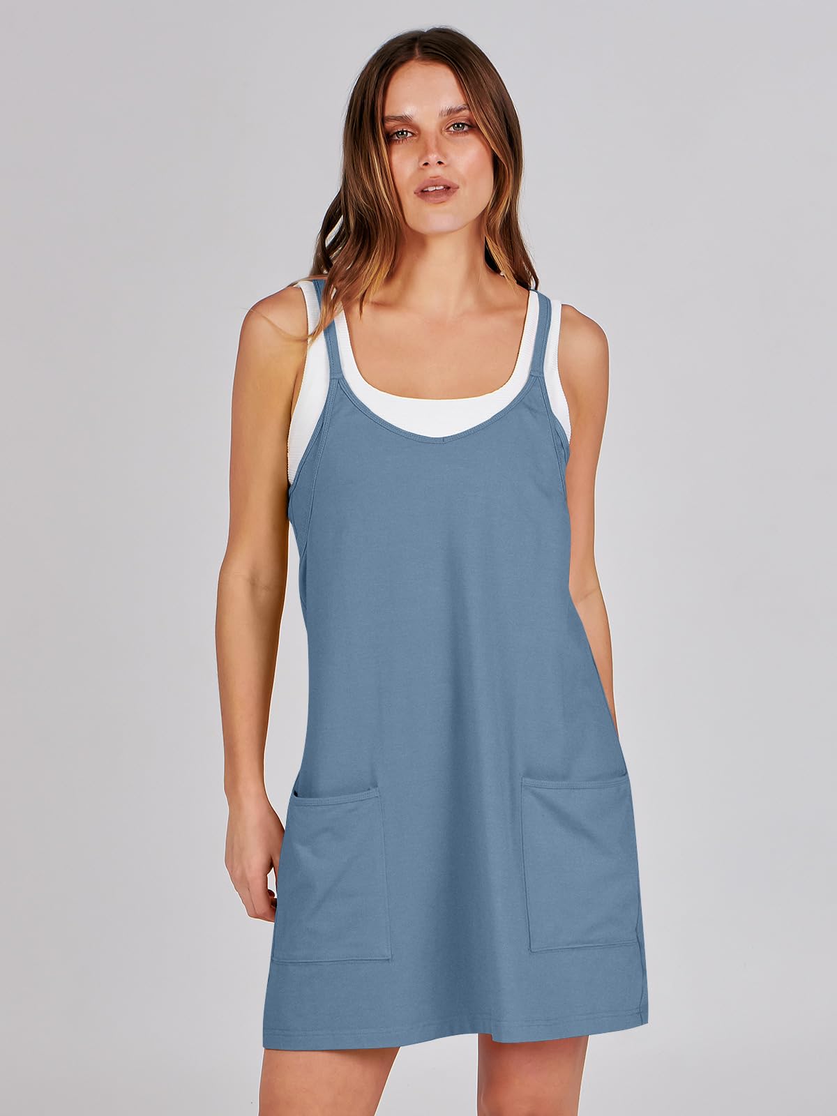 ANRABESS Women Athletic Dress Summer Tennis Workout Active Sports Mini Romper Dress Built in Shorts Travel Vacation Clothes Blue Large