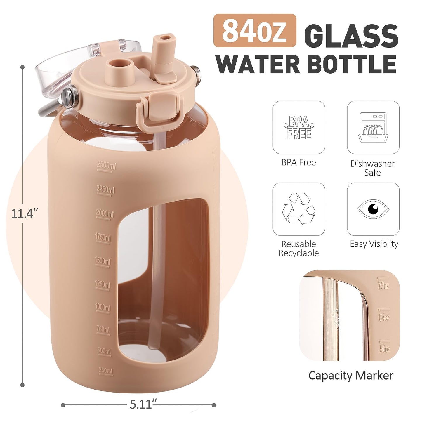 WINSA 84oz Glass Water Bottle with Stainless Steel Handle,2.4L Gallon Water Bottle with 2-IN-1 Straw Lid, Silicone Sleeve and Motivational Capacity Marker, Wide Mouth Water Jug For Gym, Workout, Amber