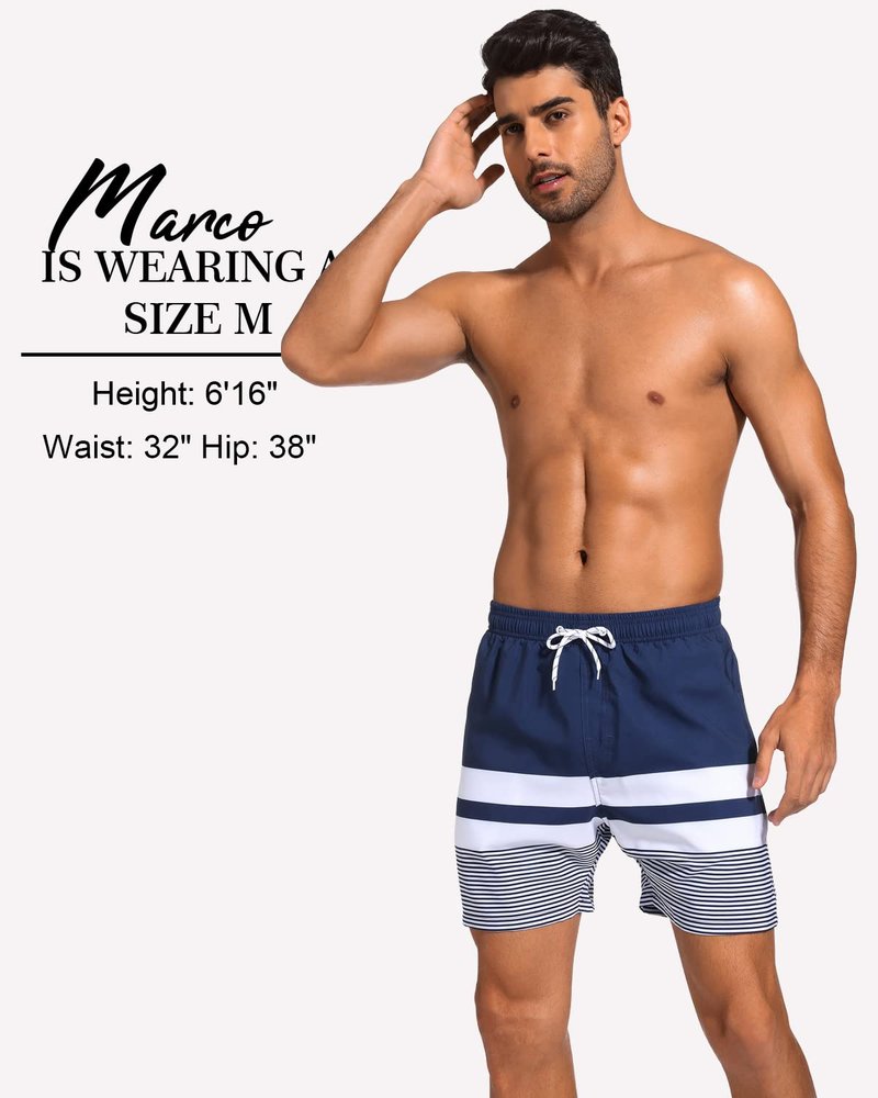 SILKWORLD Quick Dry Mens Swim Trunks with Compression Liner Stretch Swim Shorts Bathing Suits with Zipper Pockets,Dark Navy&White Stripes,Large