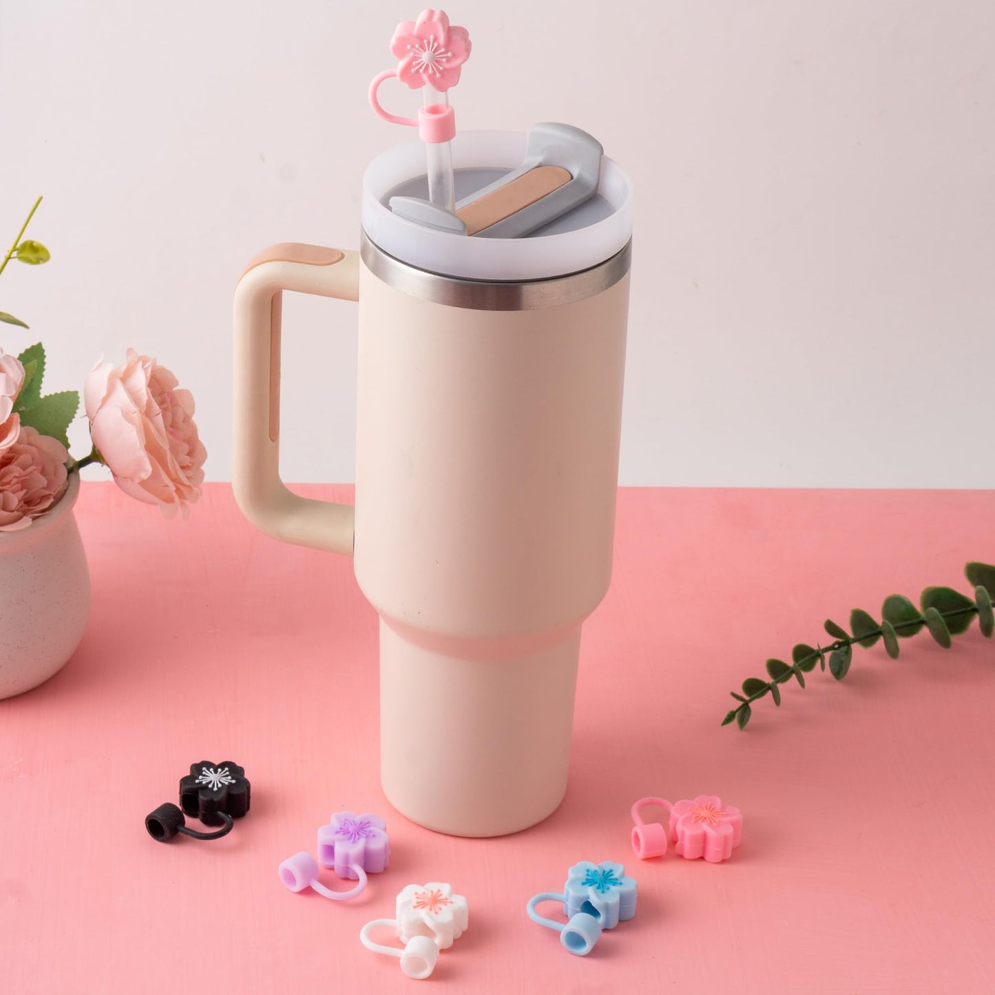 6PCS Flower Silicone Straw Covers Toppers for Stanley Cups 30&40 Oz Accessories, Reusable Straw Tips Protectors for Stanley Cup 10mm 0.4in Straws