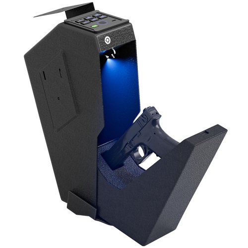 Biometric Pistol Safe LED Light,Quick Access Security Safe with Fingerprint 6-button Backlit Keypad,Auto Open Hidden Hand GunSafe for Bedside Home Nightstand Vehicle Desk (1 GUN UPGRADE)