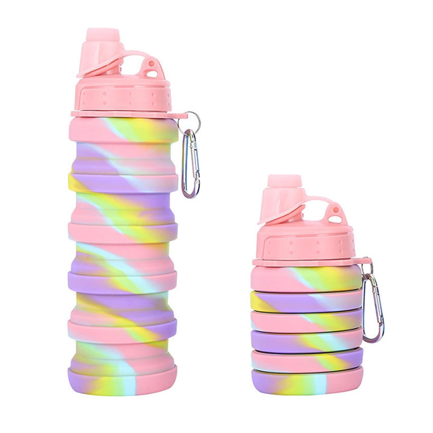 YCTMALL Collapsible Water Bottles Two Pack Travel Sports Portable Sport Water Bottle comes with mountaineering Buckle 500ml silicone Water-proof camping water bottle (Pink camouflage+Pink camouflage)