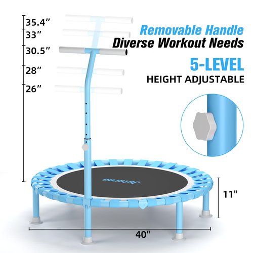 Juturna 40" Foldable Mini Trampoline, Rebounder Trampoline for Adults, 450lbs Capacity with T-Shaped Adjustable Bar, Fitness Trampoline for Kids