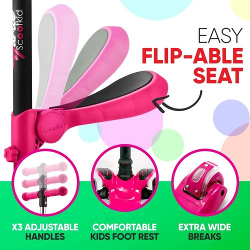 Hurtle Kids Scooter - Child Toddler Kick Scooter Toy with Foldable Seat - 3 Wheel Scooter with Adjustable Height, Anti-Slip Deck, Flashing Wheel Lights, for Boys/Girls 1-12 Year Old, Pink