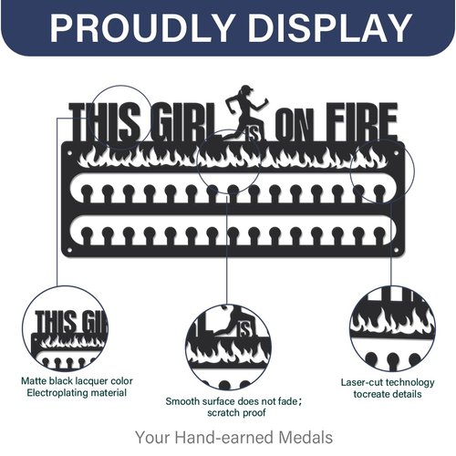 SUPERDANT Women's Running Medal Hanger Display This Girl is On Fire Medal Holder Wall Mount Running Medals Hanging 30 Hooks Matte Black Metal Awards Display Rack Gift for Runner