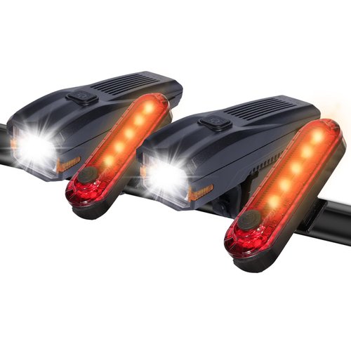 KunHe 2 Pack 227Lumens 1600mAh Bike Light Set Rechargeable Front & Rear Bicycle Lights with IPX5 Waterproof 4 Modes for Night Cycling