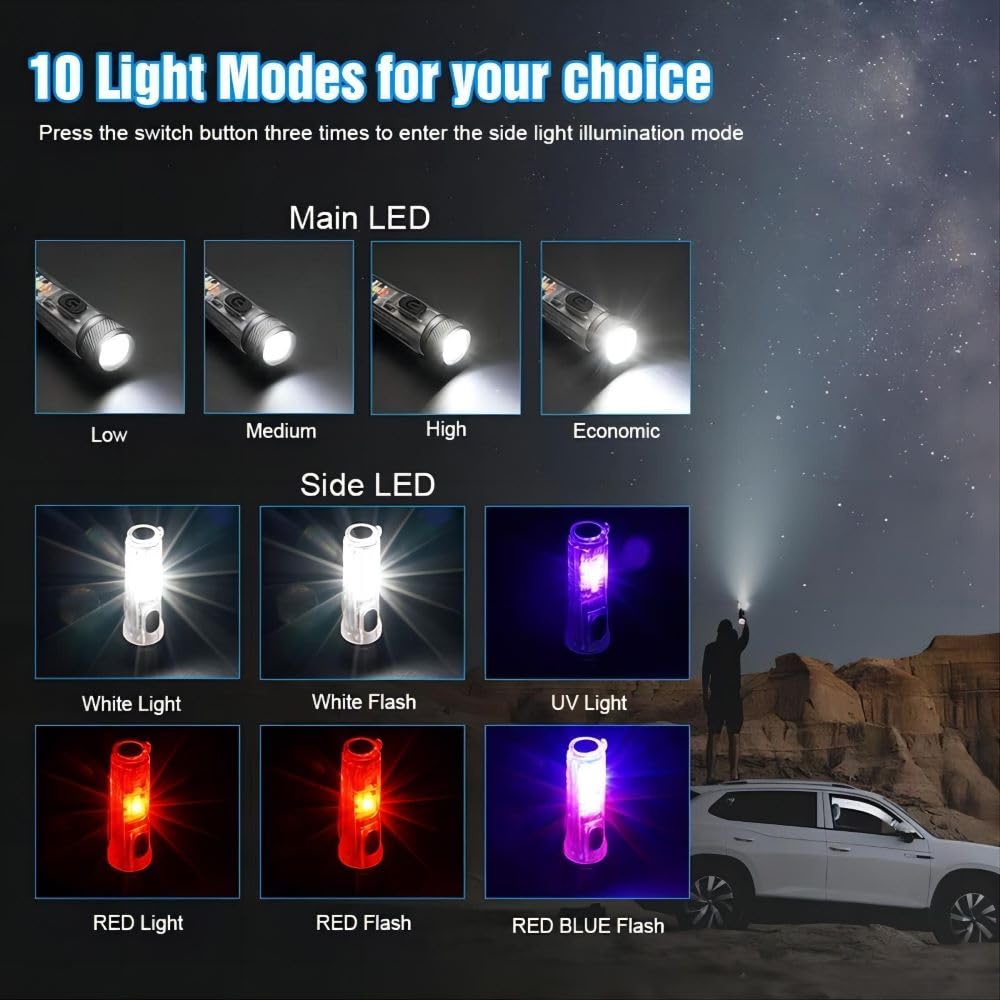 Dewould Mini USB-C LED Keychain Flashlight,Instantaneous On,Lock Mode,400 Lumen Mini Rechargeable Flashlight with EDC Small Size,10 Modes,Perfect for Gift Camping Emergencies Outdoor(White)