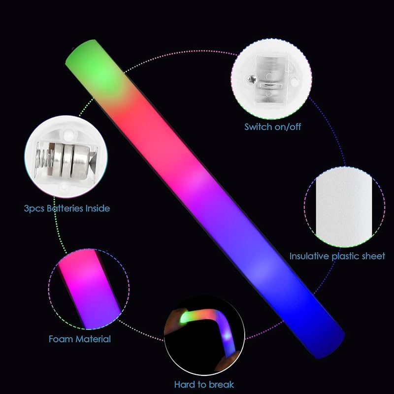 EXCECAR 45 Pcs LED Foam Glow Sticks with 3 Modes - Light Up Party Props