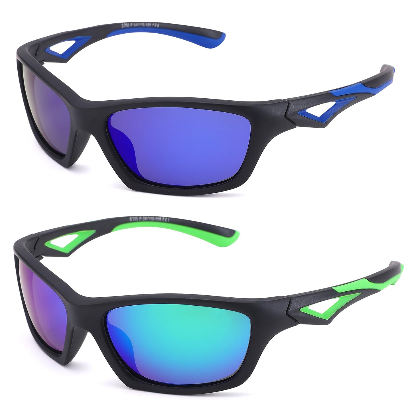 GLARDEFE Kids Youth Baseball Sunglasses – Unbreakable Flexible Polarized Sports Sunglasses with Strap for Boys Girls Age 2-10(Matte Black/Green Mirror + Matte Black/Blue Mirror)