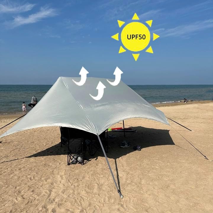 10x17ft Beach Canopy Tent Sun Shade with 2 Poles Camping Tarp Shelter for Beach Grass