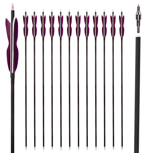 31" Carbon Hunting Arrows Archery Target Practice Arrows with 5" Turkey Feathers Spine 500 for Recurve Bow and Compound Bow(Pack of 12) (7.8MM Purple)