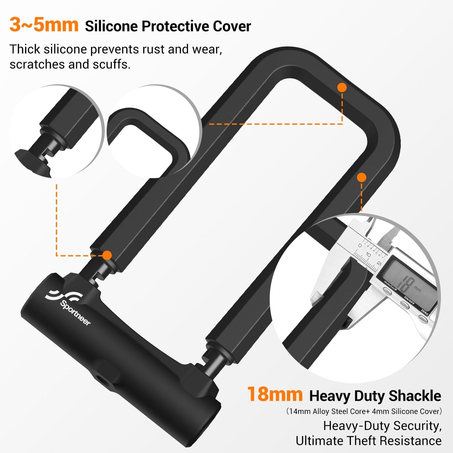 Sportneer Bicycle Lock: 18mm Heavy Duty Anti Theft Bike U Lock with 5ft Security Steel Cable - Shackle Bike Locks with 3 Keys & Mounting Bracket for Road Mountain Electric Bike, Size 8.58'' x 4.85''