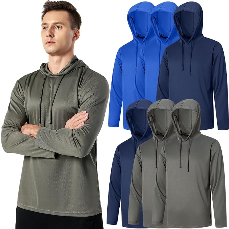 UPF 50+ Men’s Sun Protection Hoodie - Long Sleeve with Face Mask (Gray/Navy/Blue, Medium)