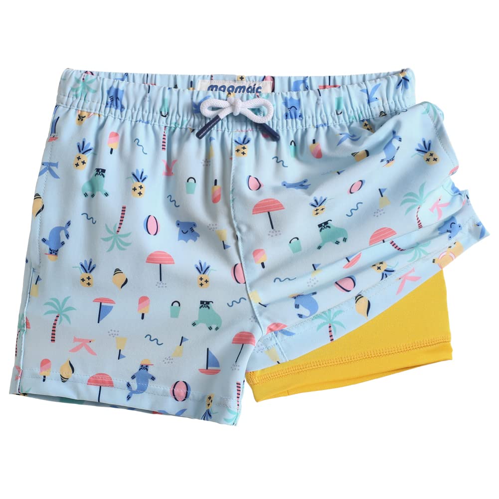 maamgic Boys Swim Trunks with Compression Liner Toddler Boy Swimsuit Quick Dry 4-Way Stretch Swimming Trunks Funny Pale Blue 8 Years