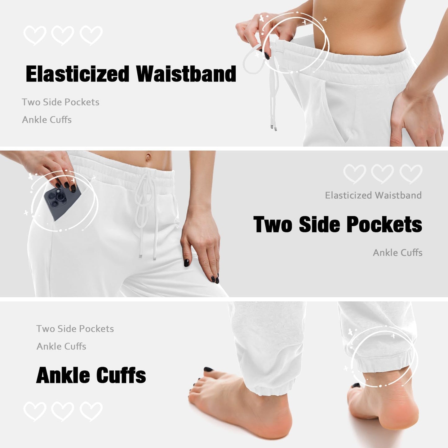 Walifrey Womens Joggers with Pockets, Drawstring Sweatpants Women for Lounging Jogging Gym and Workout White,1 Pack White S