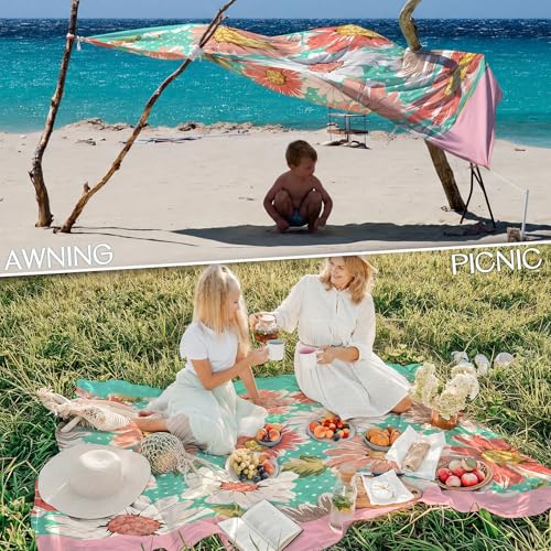 Beach Blanket Waterproof Sandproof Large Picnic Mat - Flowers, 78x81 Inches