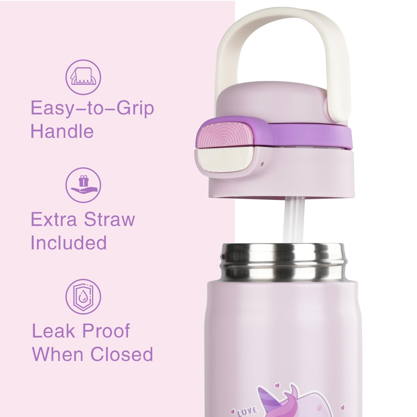 Water Bottle for Kids，Insulated Bottle with Straw, Vacuum Insulated Water Bottle for Boys&Girls, Leak-proof Insulated Tumbler（Purple, Unicorn）