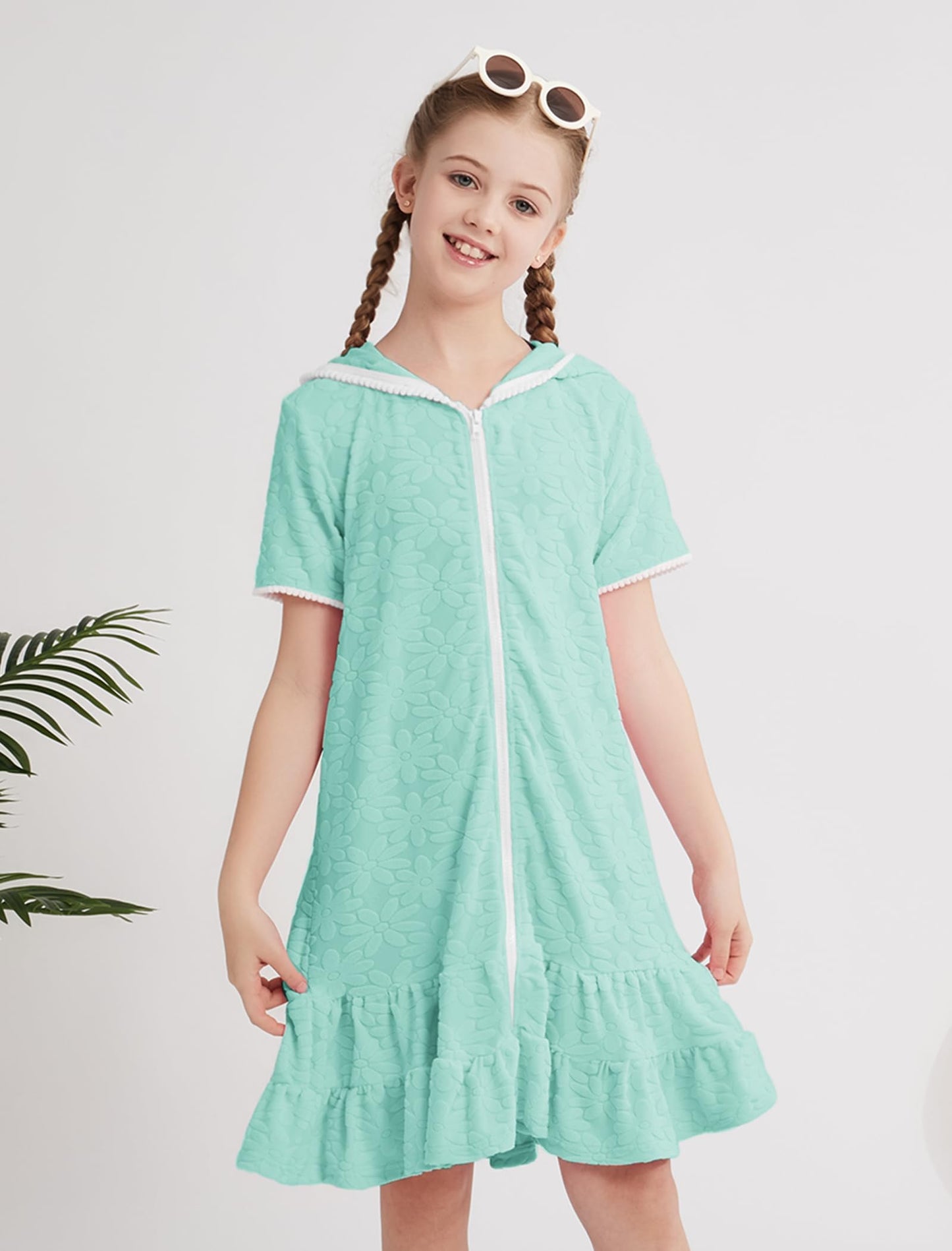 Weixinbuy Girls Swim Cover Up Kids Swimsuit Terry Zip Up Swimwear Hoodie Dress Wraps Beach Bathing Suit Size 6-7 Green