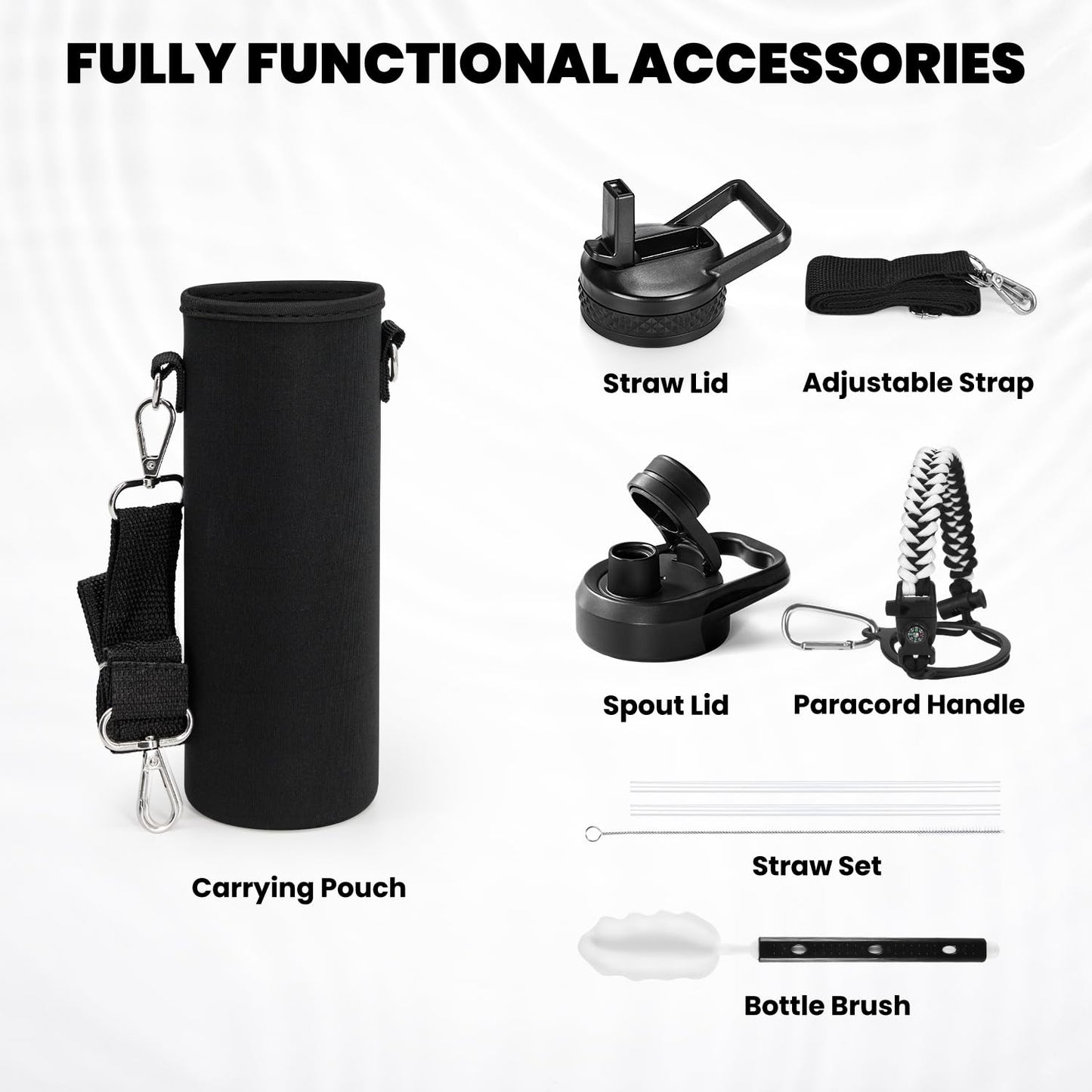 RAYMYLO Insulated Water Bottle 24 oz, Triple Wall Vacuum Stainless Steel (Cold for 24Hrs, Hot for 12Hrs), Leak Proof & Non-BPA, Modern Water Flask Jug with Paracord Handle & Straw Spout Lids