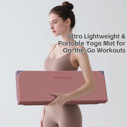 WOHAO Foldable Yoga Mat 70"x24" - Thickened TPE Non-Slip Exercise Mat for Home, Gym & Travel, Lightweight & Easy to Carry, Supports Pilates, Hot Yoga & Floor Workouts (Pink + Navy)