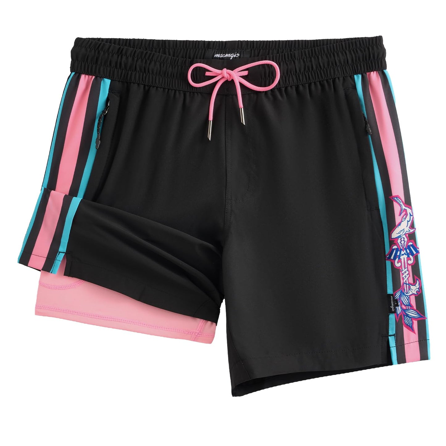 maamgic Mens Swim Trunks - Mens Bathing Suit with Compression Liner 7 Inch Quick Dry Fshion Stretch Zipper Pockets Swimwear Black-Pink-Shark