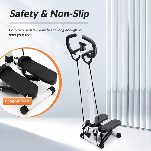 ALSO GO Exercise Stepper Machine with LCD Display Monitor for Home Gym, Portable Stair Stepper Health Fitness Machine Workout Equippment with Handle and Resistance Bands, White