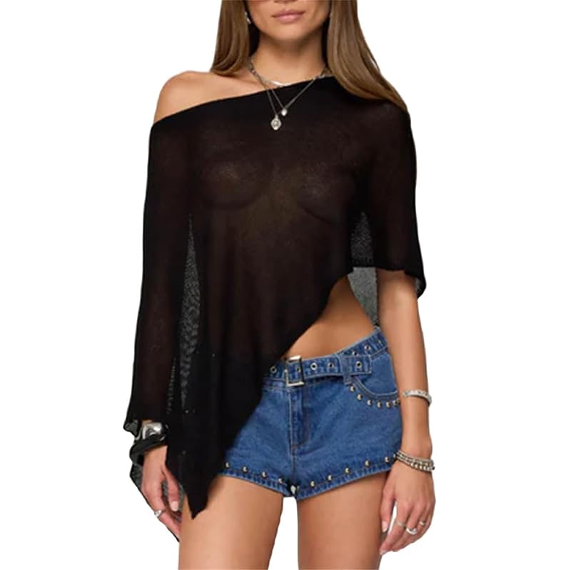 Raruxxin Women Sheer Poncho Top - Off-Shoulder Y2K Crochet Knit Shawl (Black, One Size)