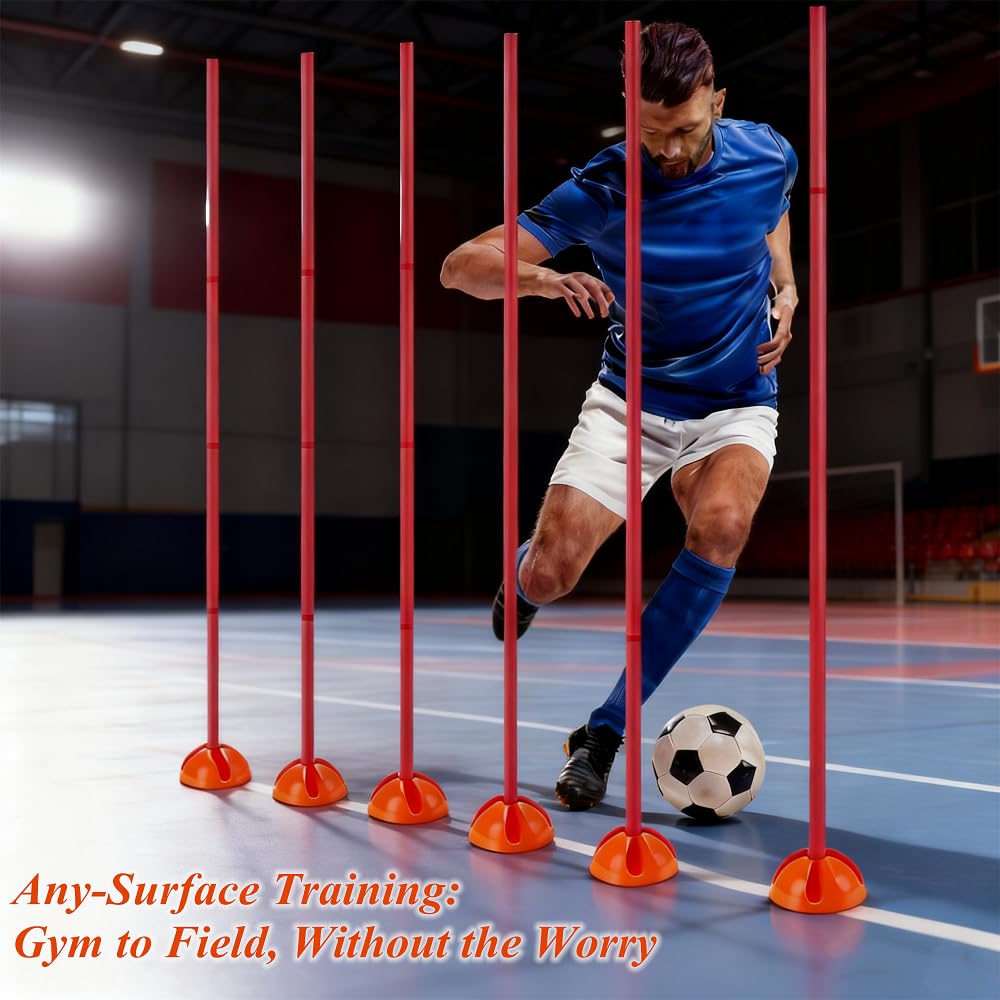 Kvittra 6PCS 6FT Adjustable Soccer Agility Training Poles, Soccer Agility Training Equipment with 20 ft Speed Ladder, 12 Disc Cones and Weighted Jump Ropes, Speed & Agility Turf Training Poles Drills