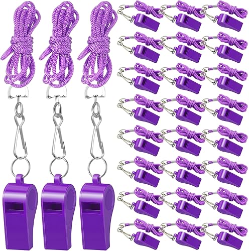 Purple Plastic Whistles with Lanyard - 24 Pack for Sports & Events
